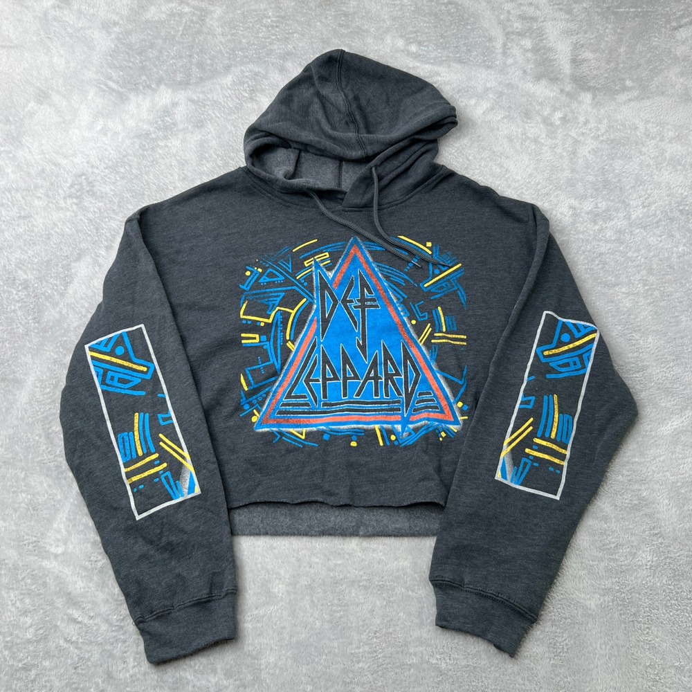 Def Leppard Graphic Cropped Hoodie L Charcoal Women Rock Band Hysteria Merch